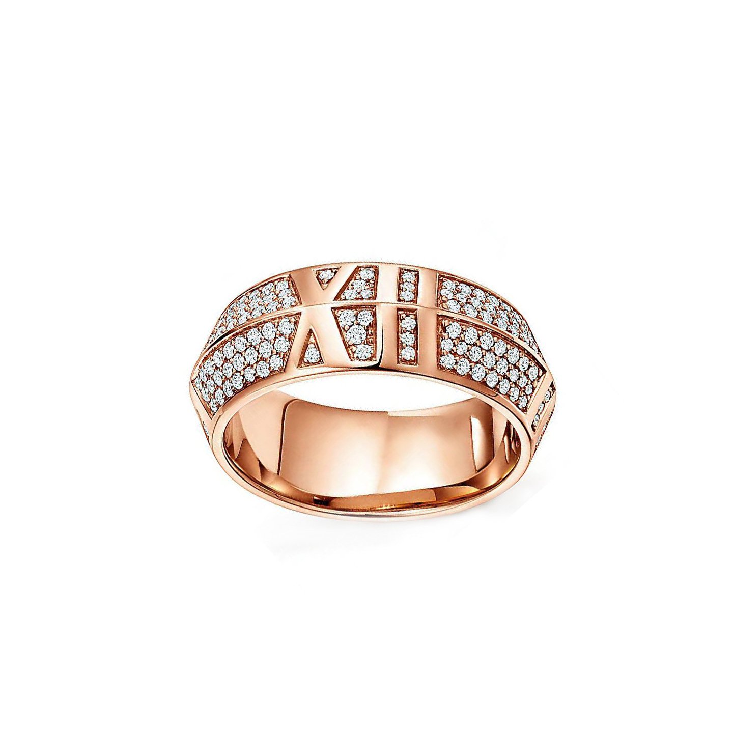 18k gold Roman numeral-patterned sword-edged ring with natural diamonds